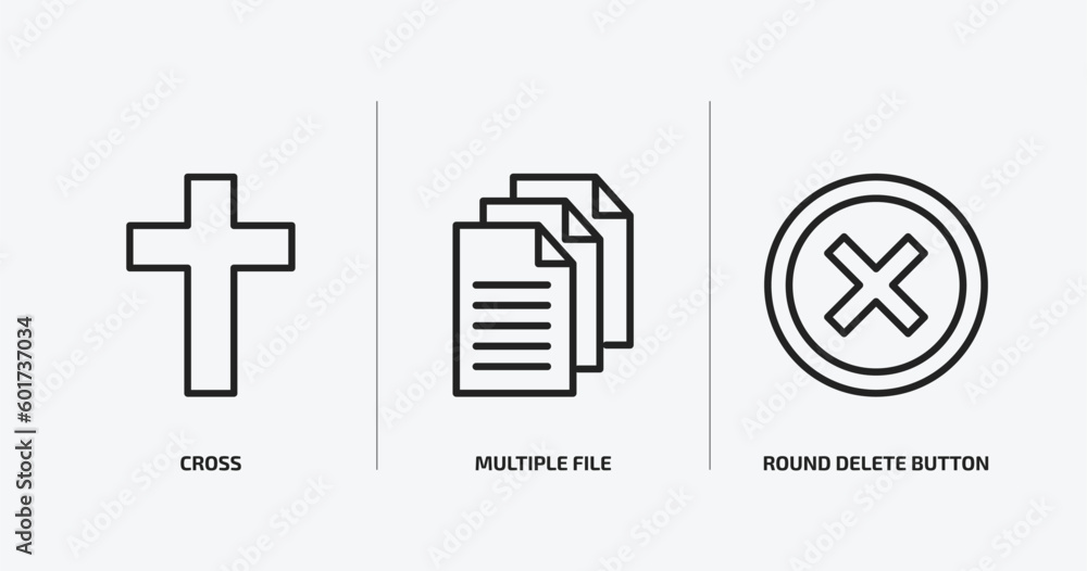 Poster user interface outline icons set. user interface icons such as cross, multiple file, round delete bu