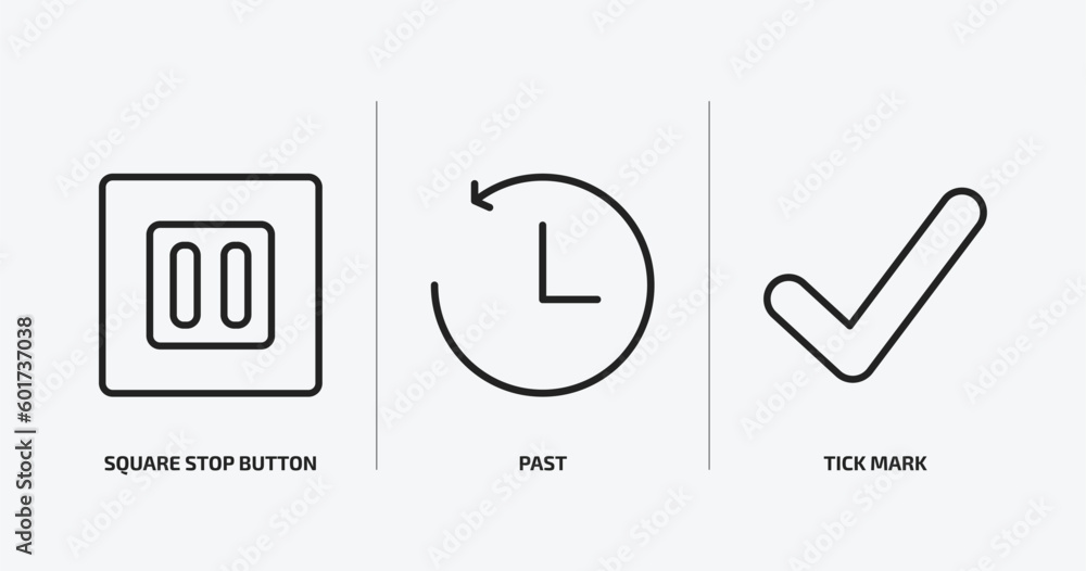 Poster user interface outline icons set. user interface icons such as square stop button, past, tick mark v
