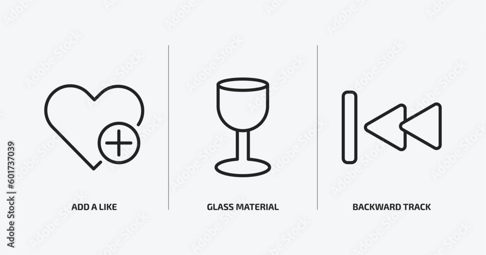 Poster user interface outline icons set. user interface icons such as add a like, glass material, backward 