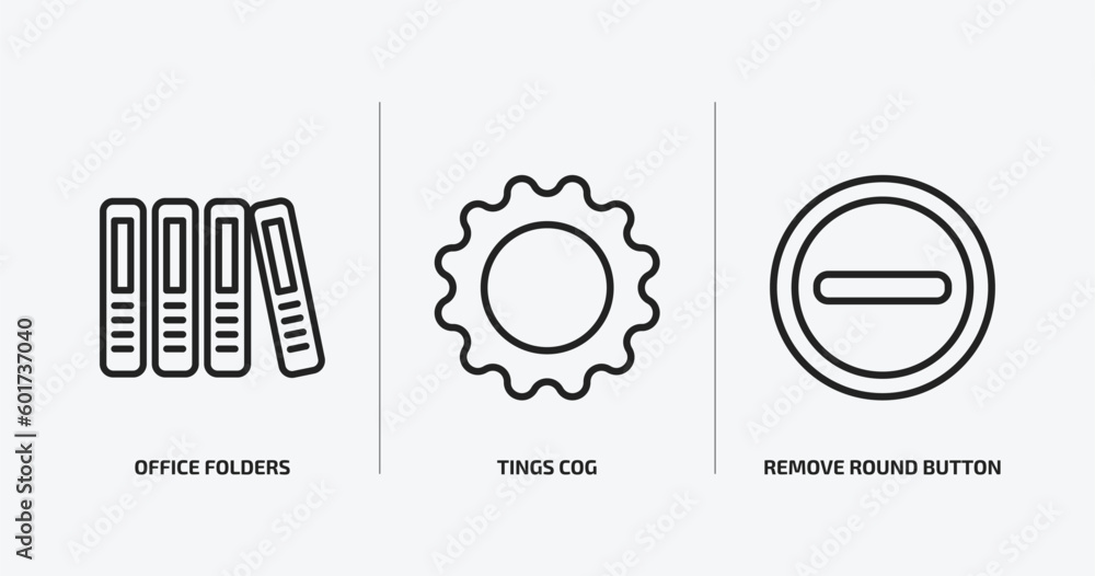 Poster user interface outline icons set. user interface icons such as office folders, tings cog, remove rou