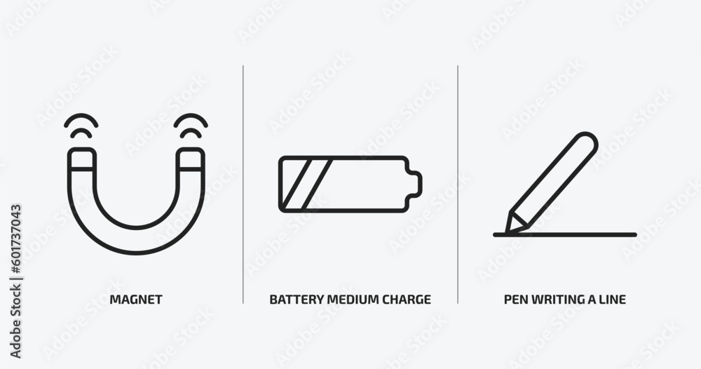 Aufkleber user interface outline icons set. user interface icons such as magnet, battery medium charge, pen wr