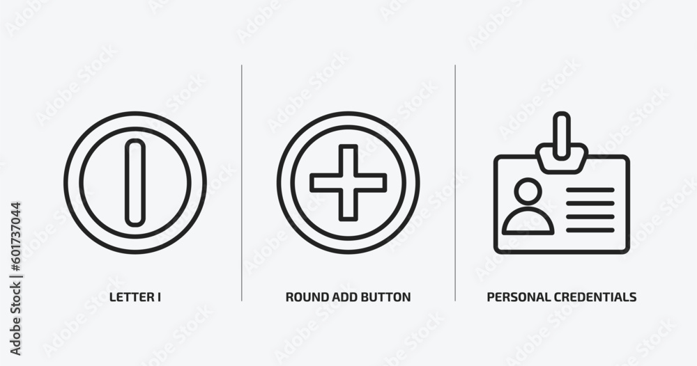 Poster user interface outline icons set. user interface icons such as letter i, round add button, personal 