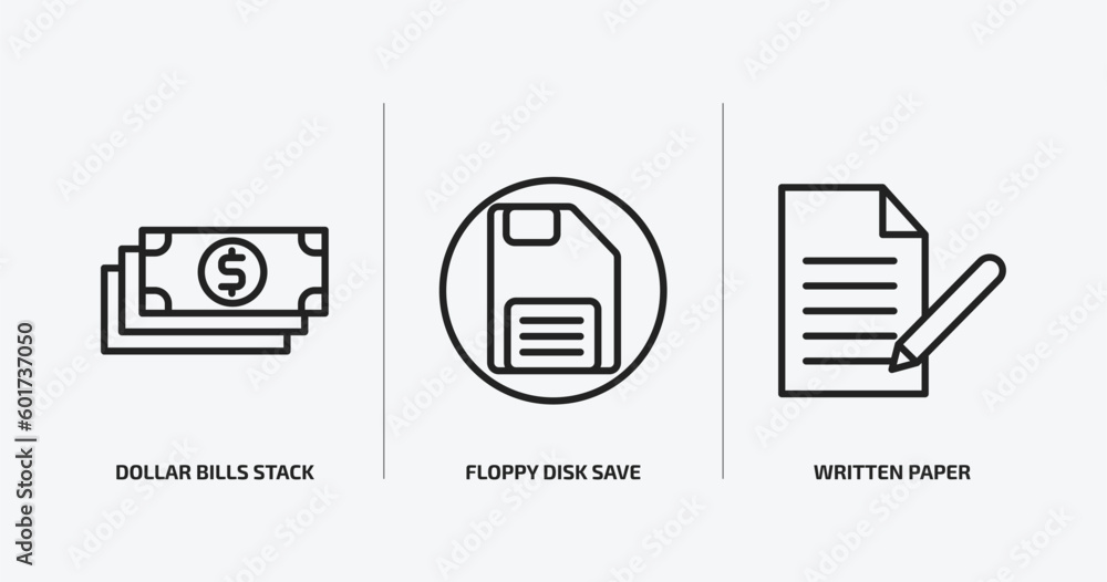 Poster user interface outline icons set. user interface icons such as dollar bills stack, floppy disk save 
