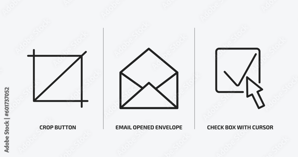 Poster user interface outline icons set. user interface icons such as crop button, email opened envelope, c