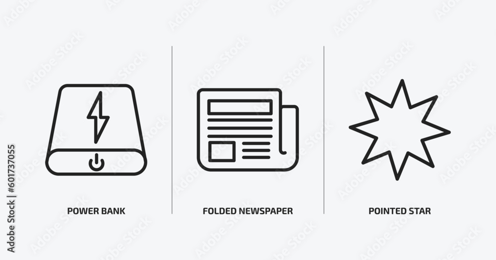 Poster user interface outline icons set. user interface icons such as power bank, folded newspaper, pointed