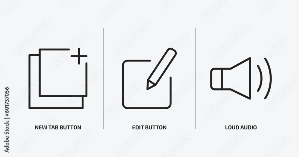 Poster user interface outline icons set. user interface icons such as new tab button, edit button, loud aud
