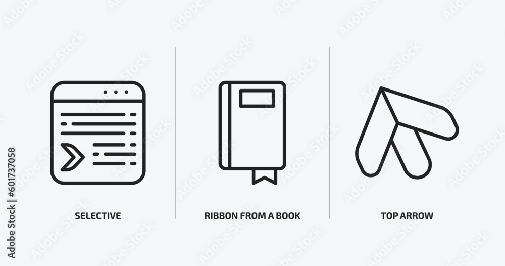 Poster user interface outline icons set. user interface icons such as selective, ribbon from a book, top ar