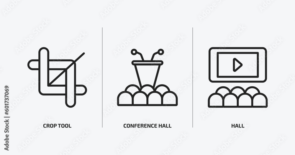 Poster user interface outline icons set. user interface icons such as crop tool, conference hall, hall vect