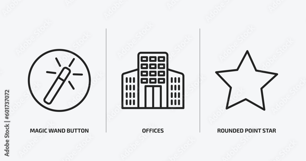 Poster user interface outline icons set. user interface icons such as magic wand button, offices, rounded p