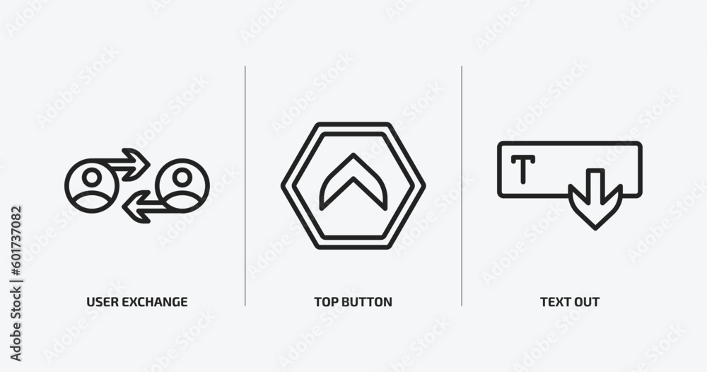Poster user interface outline icons set. user interface icons such as user exchange, top button, text out vector. can be used web and mobile.