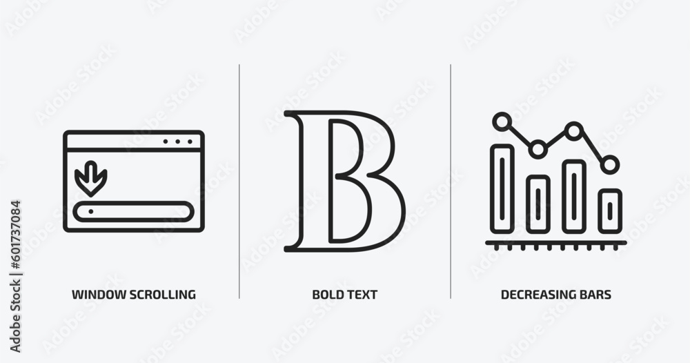 Poster user interface outline icons set. user interface icons such as window scrolling right, bold text, de
