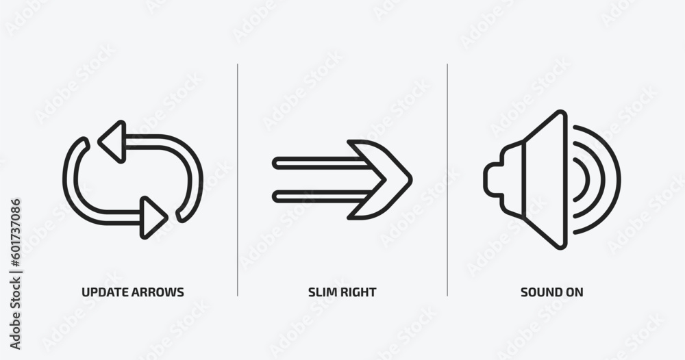 Poster user interface outline icons set. user interface icons such as update arrows, slim right, sound on v
