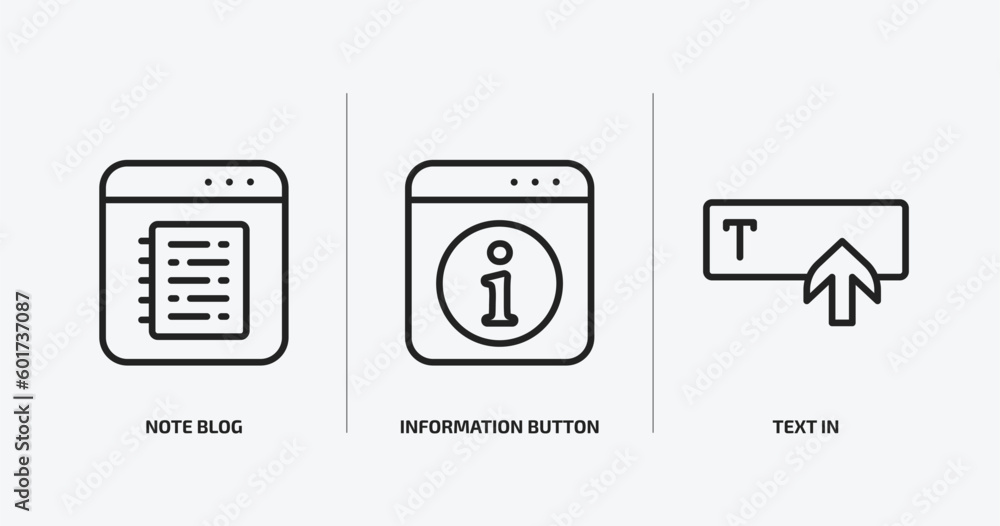 Poster user interface outline icons set. user interface icons such as note blog, information button, text i