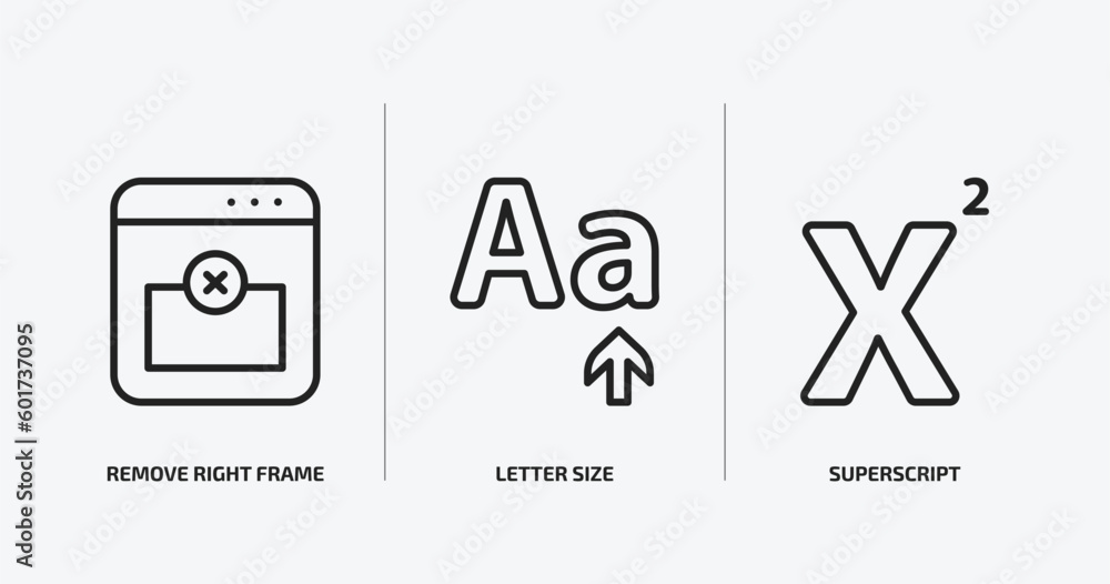 Poster user interface outline icons set. user interface icons such as remove right frame, letter size, supe