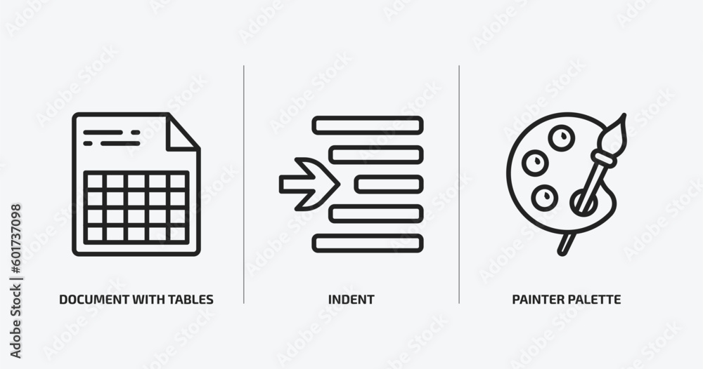 Poster user interface outline icons set. user interface icons such as document with tables, indent, painter