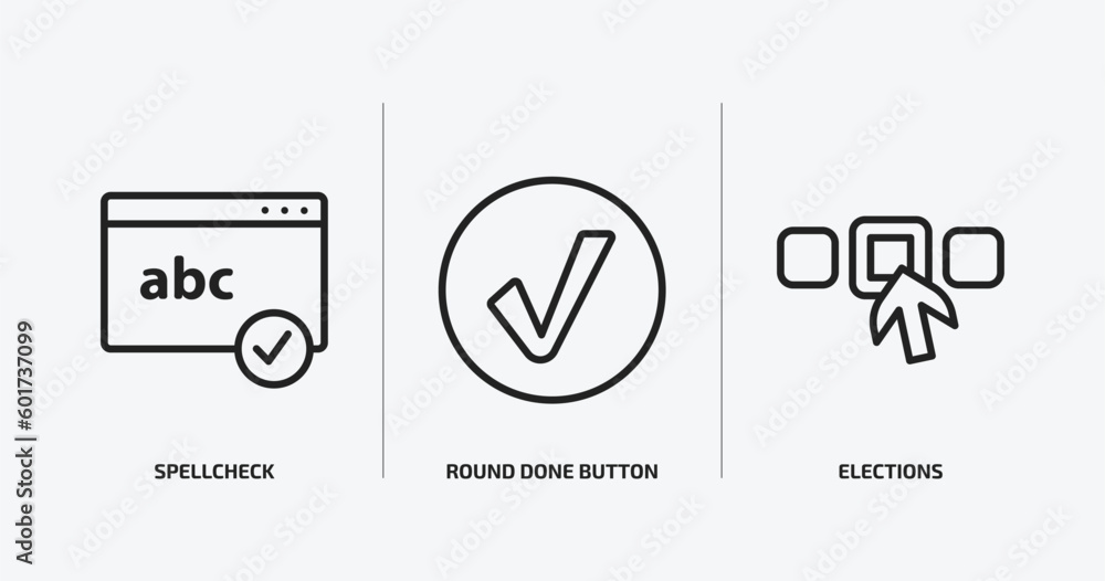 Poster user interface outline icons set. user interface icons such as spellcheck, round done button, electi