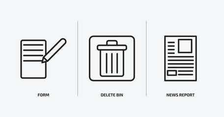 user interface outline icons set. user interface icons such as form, delete bin, news report vector. can be used web and mobile.