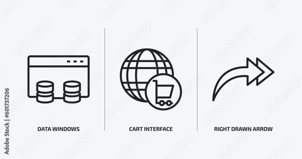 Poster user interface outline icons set. user interface icons such as data windows, cart interface, right d