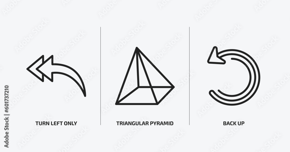 Poster user interface outline icons set. user interface icons such as turn left only, triangular pyramid, b