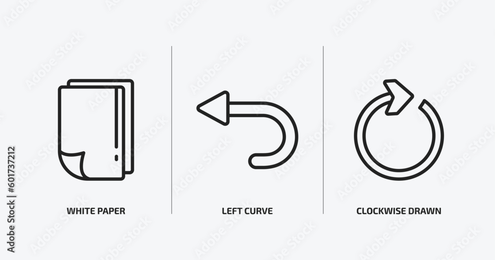 Poster user interface outline icons set. user interface icons such as white paper, left curve, clockwise dr