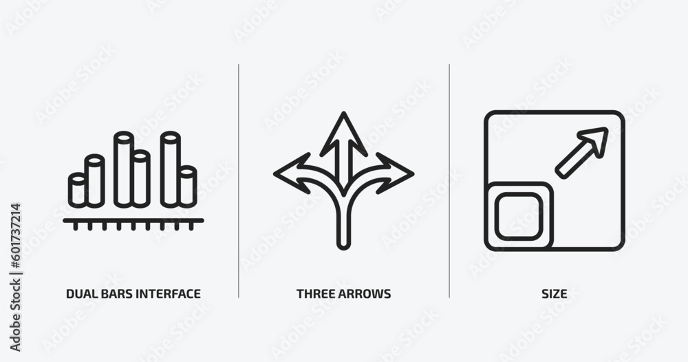 Poster user interface outline icons set. user interface icons such as dual bars interface, three arrows, si