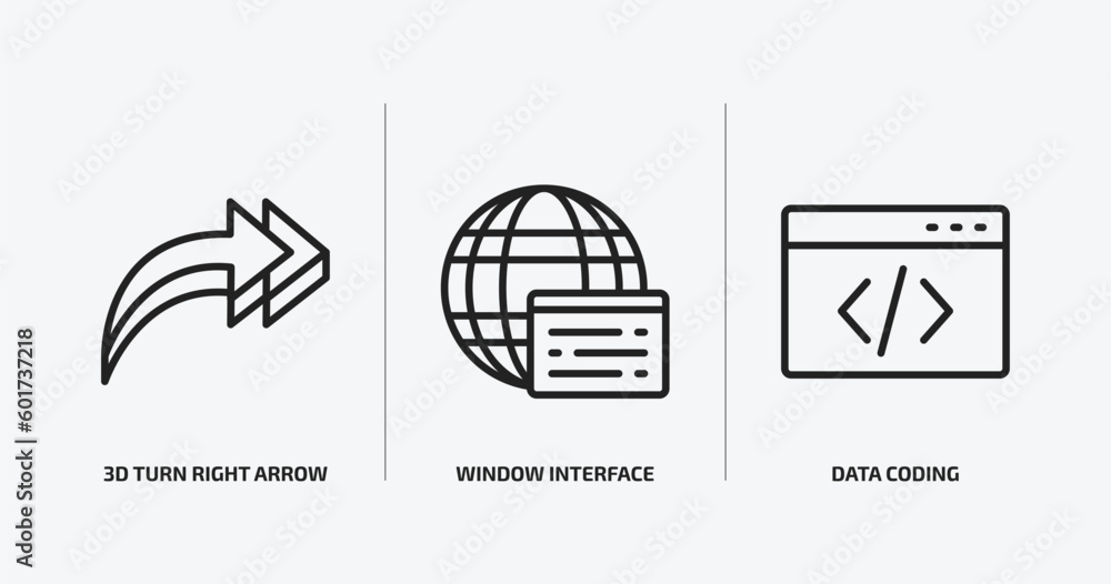 Poster user interface outline icons set. user interface icons such as 3d turn right arrow, window interface