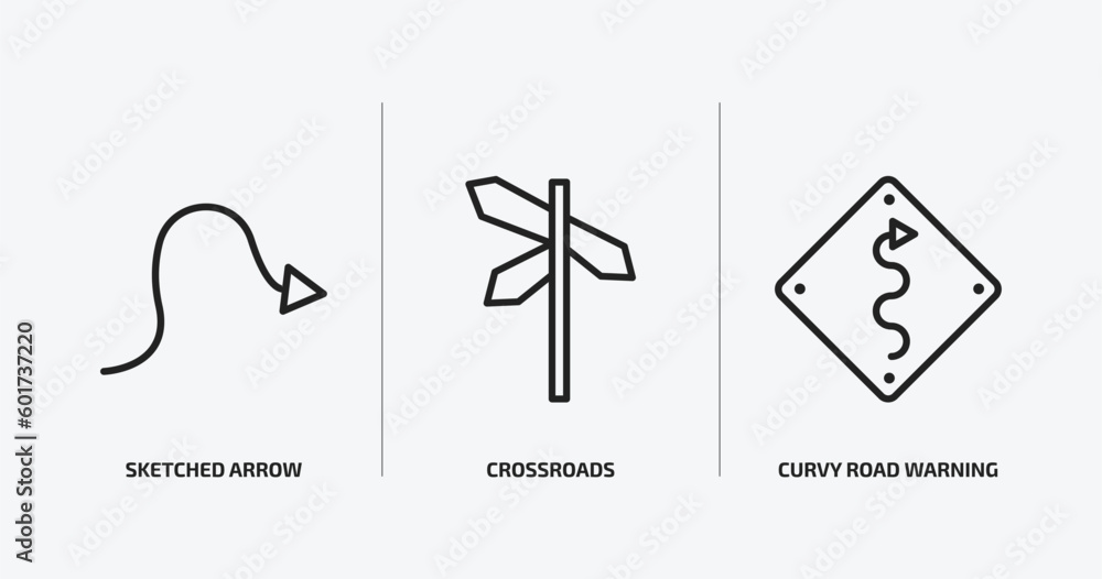 Poster user interface outline icons set. user interface icons such as sketched arrow, crossroads, curvy roa