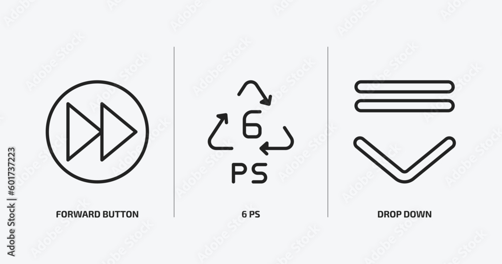 Poster user interface outline icons set. user interface icons such as forward button, 6 ps, drop down vecto