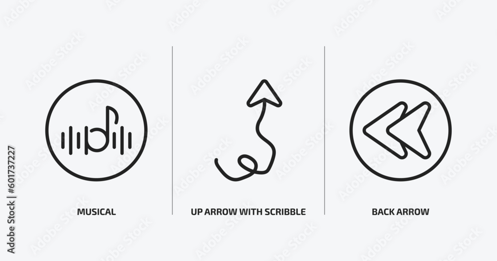 Poster user interface outline icons set. user interface icons such as musical, up arrow with scribble, back