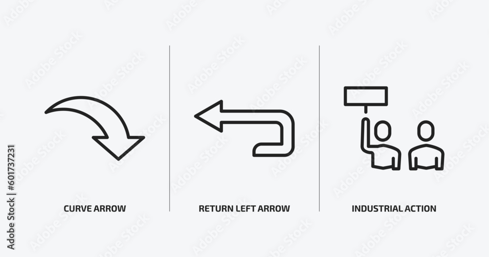 Poster user interface outline icons set. user interface icons such as curve arrow, return left arrow, indus