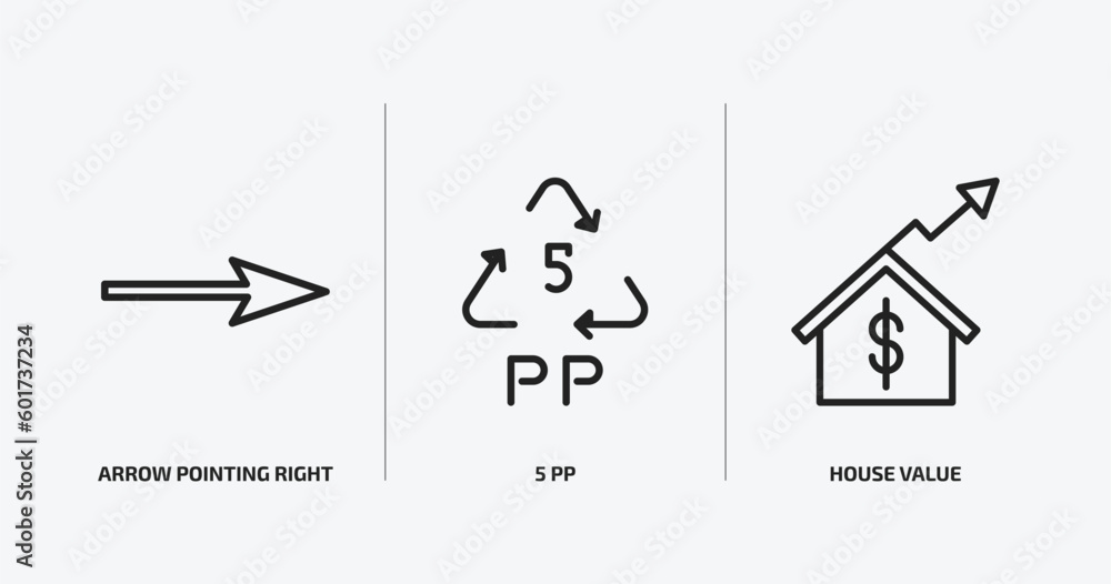 Poster user interface outline icons set. user interface icons such as arrow pointing right, 5 pp, house val