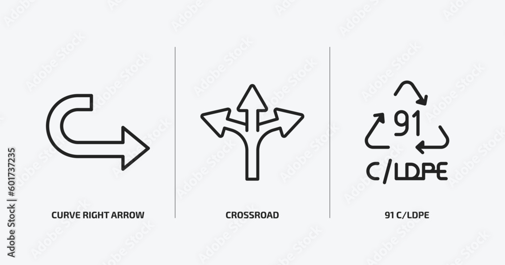 Poster user interface outline icons set. user interface icons such as curve right arrow, crossroad, 91 c/ld