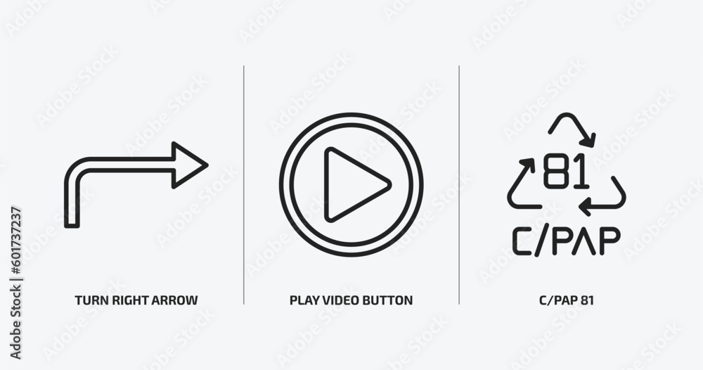 Poster user interface outline icons set. user interface icons such as turn right arrow, play video button, 