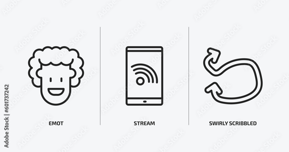 Poster user interface outline icons set. user interface icons such as emot, stream, swirly scribbled arrow 