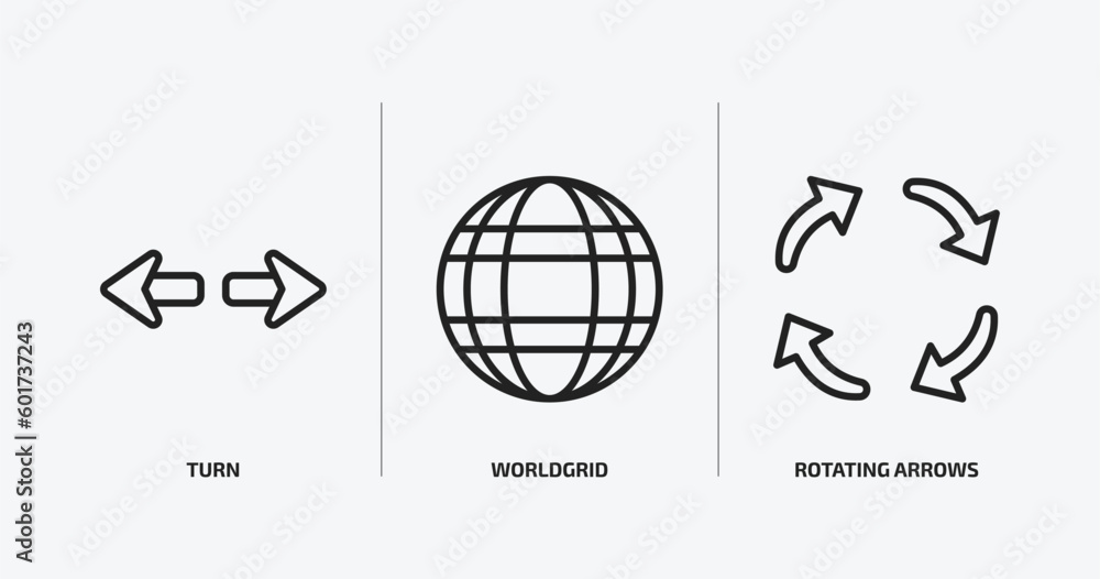 Poster user interface outline icons set. user interface icons such as turn, worldgrid, rotating arrows vect