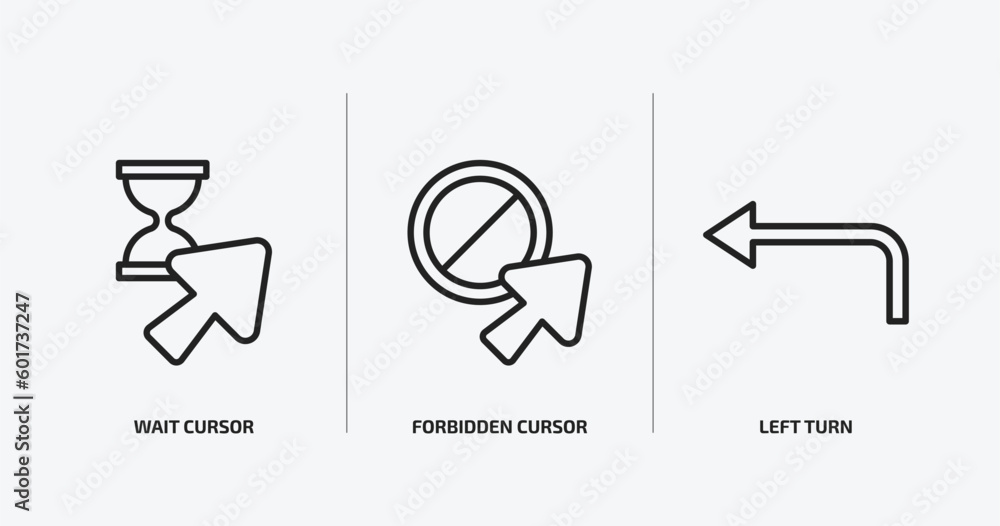 Poster user interface outline icons set. user interface icons such as wait cursor, forbidden cursor, left t