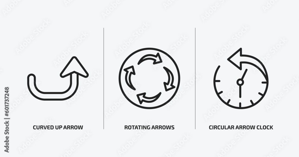 Poster user interface outline icons set. user interface icons such as curved up arrow, rotating arrows, cir