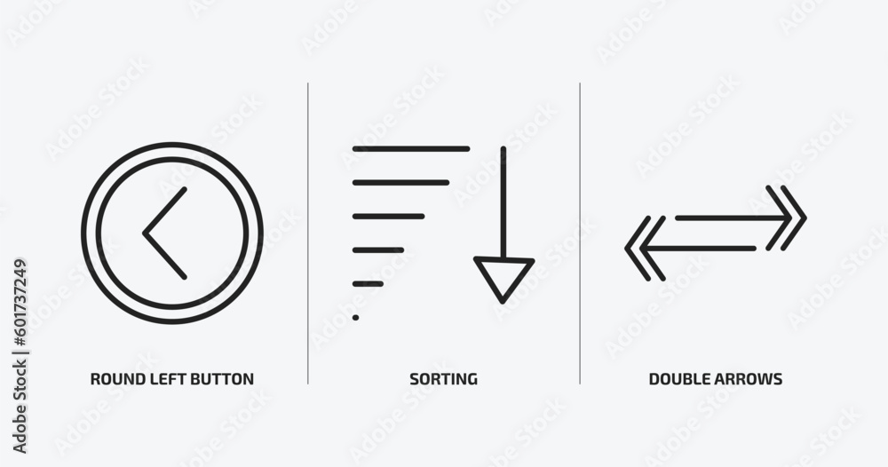Poster user interface outline icons set. user interface icons such as round left button, sorting, double ar