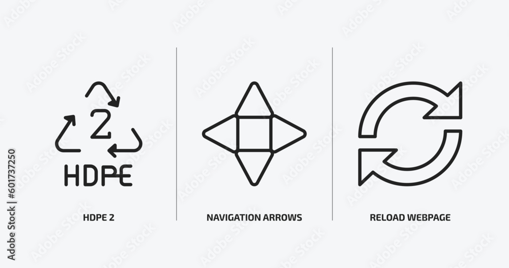 Poster user interface outline icons set. user interface icons such as hdpe 2, navigation arrows, reload web