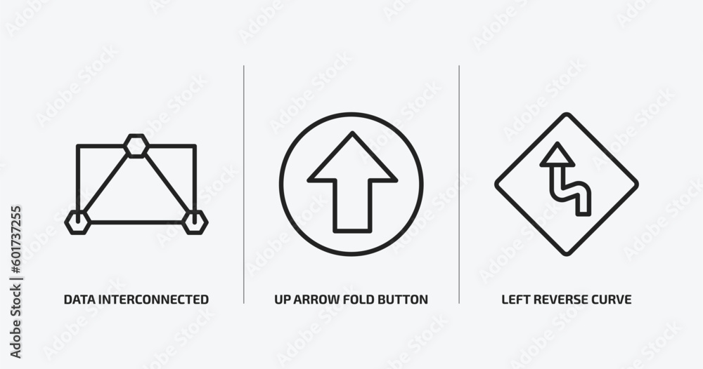 Poster user interface outline icons set. user interface icons such as data interconnected, up arrow fold bu