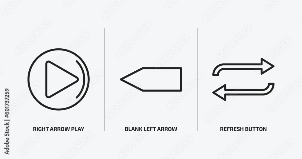 Poster user interface outline icons set. user interface icons such as right arrow play button, blank left a