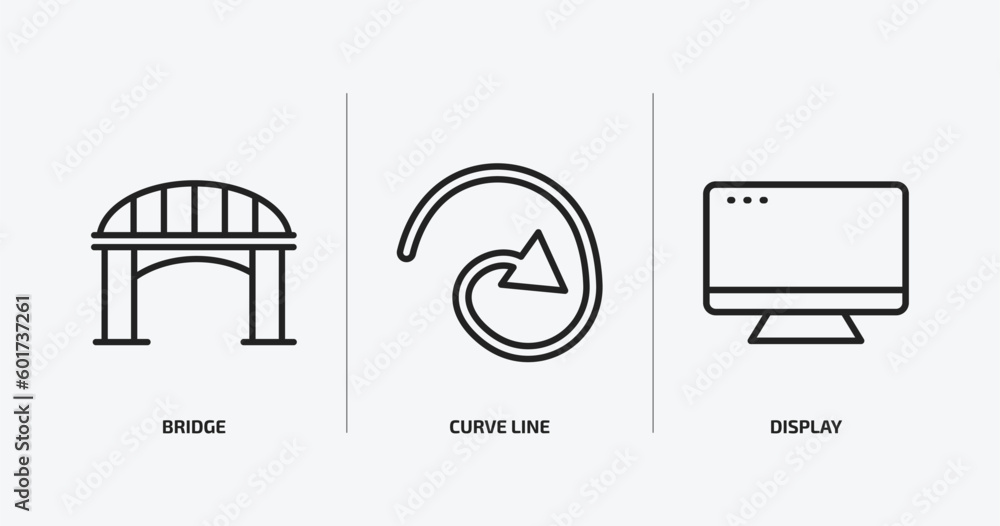 Poster user interface outline icons set. user interface icons such as bridge, curve line, display vector. c