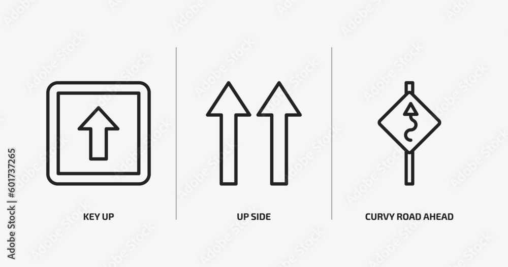 Poster user interface outline icons set. user interface icons such as key up, up side, curvy road ahead vec