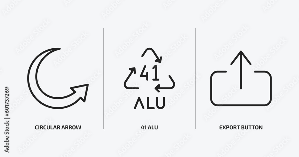Poster user interface outline icons set. user interface icons such as circular arrow, 41 alu, export button
