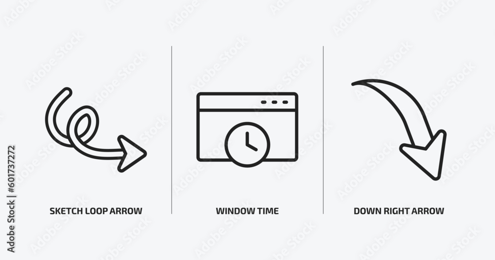 Poster user interface outline icons set. user interface icons such as sketch loop arrow, window time, down 