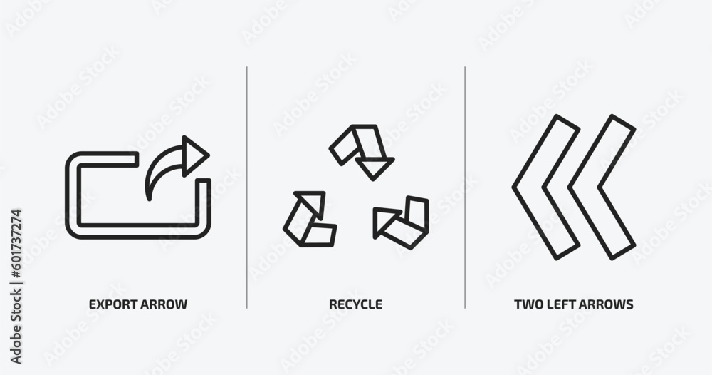 Poster user interface outline icons set. user interface icons such as export arrow, recycle, two left arrow