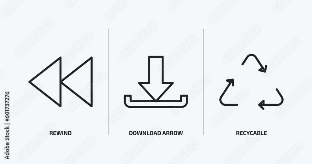 Poster user interface outline icons set. user interface icons such as rewind, download arrow, recycable vec
