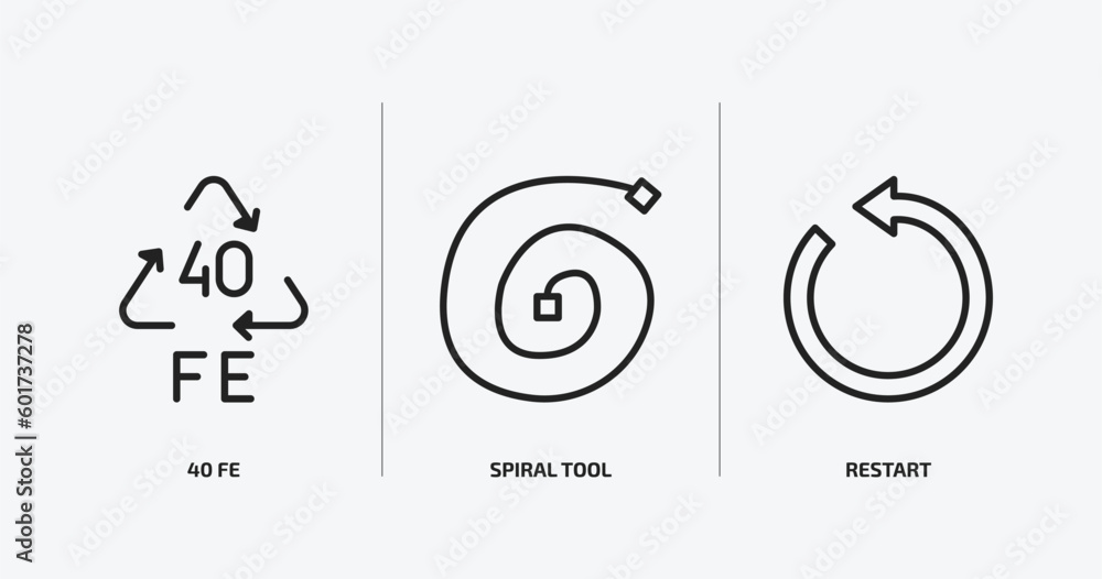 Poster user interface outline icons set. user interface icons such as 40 fe, spiral tool, restart vector. c