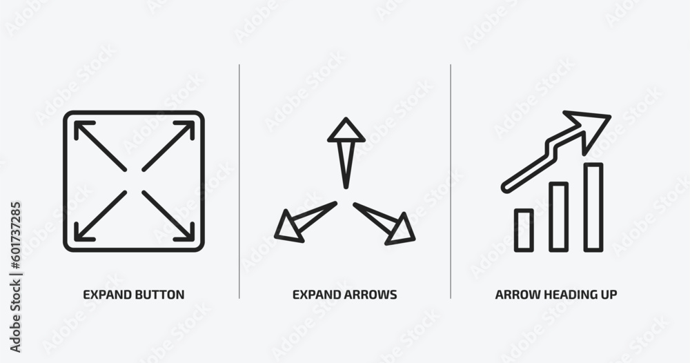 Poster user interface outline icons set. user interface icons such as expand button, expand arrows, arrow h