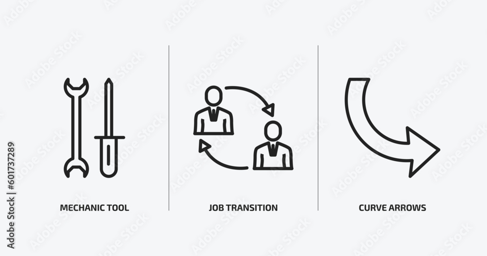 Poster user interface outline icons set. user interface icons such as mechanic tool, job transition, curve 
